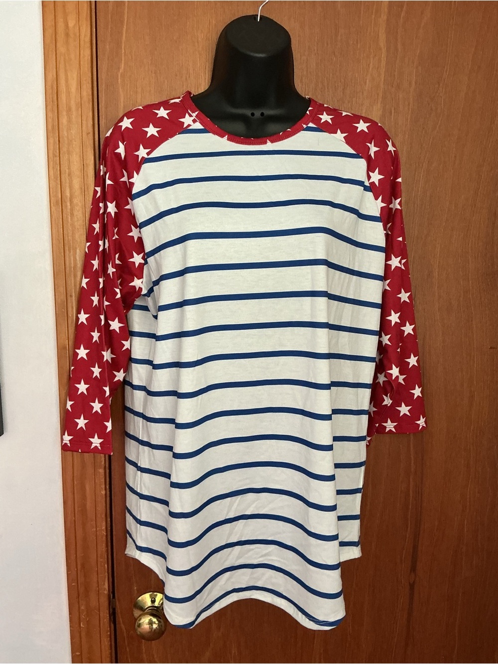 LuLaRoe Red White Blue Star Raglan Striped Long Sleeve Top